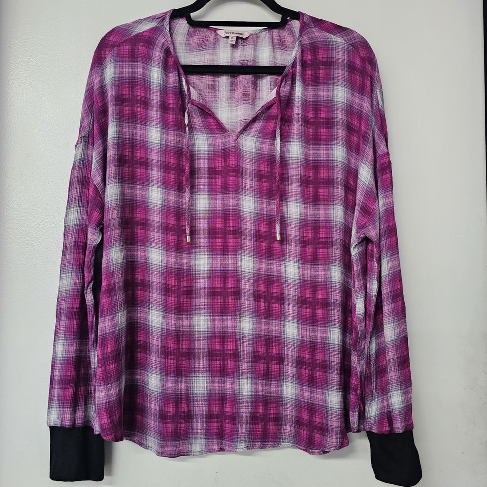 Juicy Couture Pink Purple White Plaid Blouse Top Fitted Cuff Women (XL)